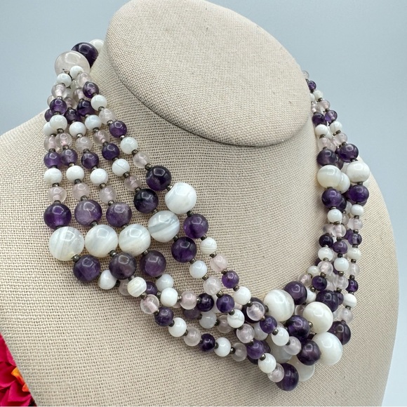 Vintage Gemstone Beaded Multistrand Choker Necklace Agate Amethyst Quartz 16” - Picture 10 of 16